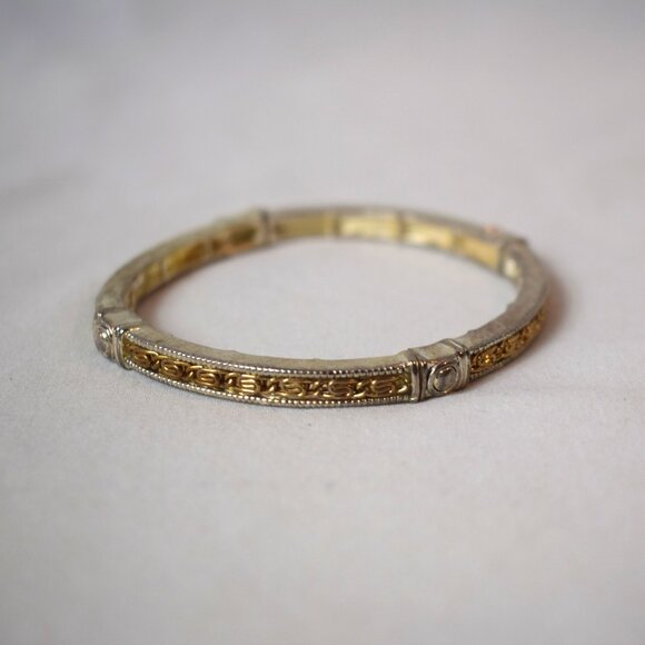 SilverTone Ornate Design GoldTone Wire Stretch Bangle Bracelet - Picture 2 of 3